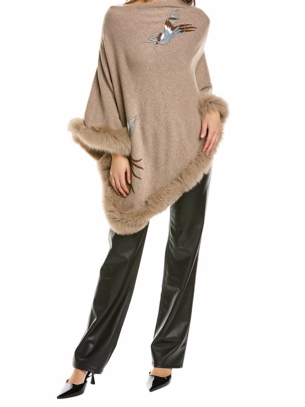 La Fiorentina Beige Fur Trim Wrap with Embroidered Cranes